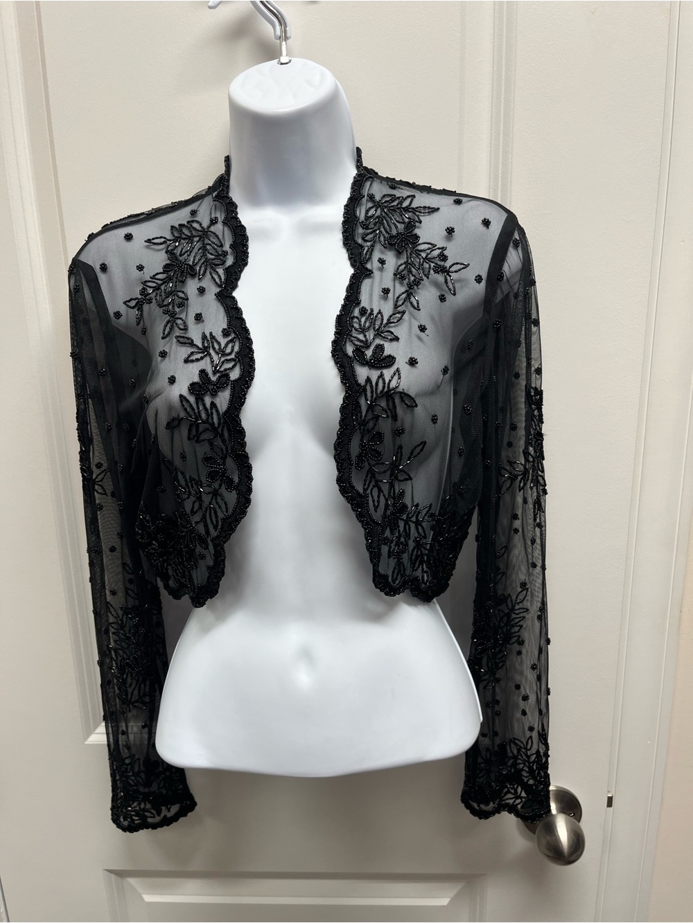SCALA Vintage Black Beaded Mesh Bolero Shrug Sheer Embroidered Jacket Size L